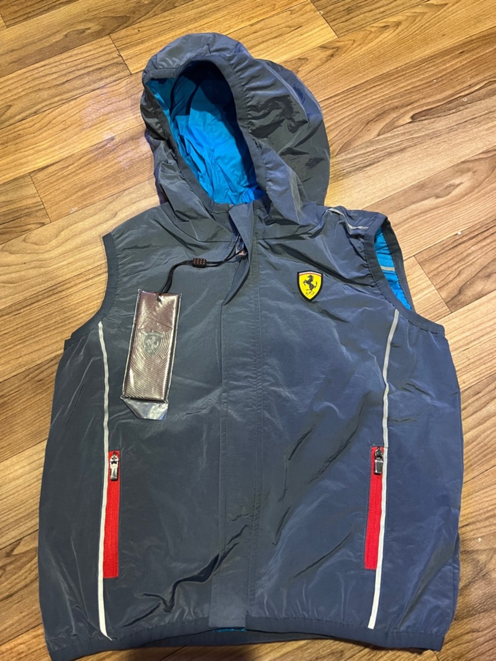 Ferrari Kids Hooded Vest in Charcoal Gray with Blue Lining and Red Accents
